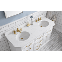 Water Creation 60" Palace Collection Quartz Carrara Pure White Bathroom Vanity Set with Hardware and F2-0013 Faucets in Satin Gold Finish and Only Mirrors in Chrome Finish PA60D-0613PW - Model Bath
