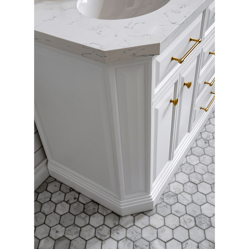Water Creation 60" Palace Collection Quartz Carrara Pure White Bathroom Vanity Set with Hardware and F2-0013 Faucets in Satin Gold Finish and Only Mirrors in Chrome Finish PA60C-0613PW - Model Bath