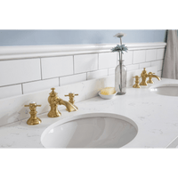 Water Creation 60" Palace Collection Quartz Carrara Pure White Bathroom Vanity Set with Hardware and F2-0013 Faucets in Satin Gold Finish and Only Mirrors in Chrome Finish PA60C-0613PW - Model Bath
