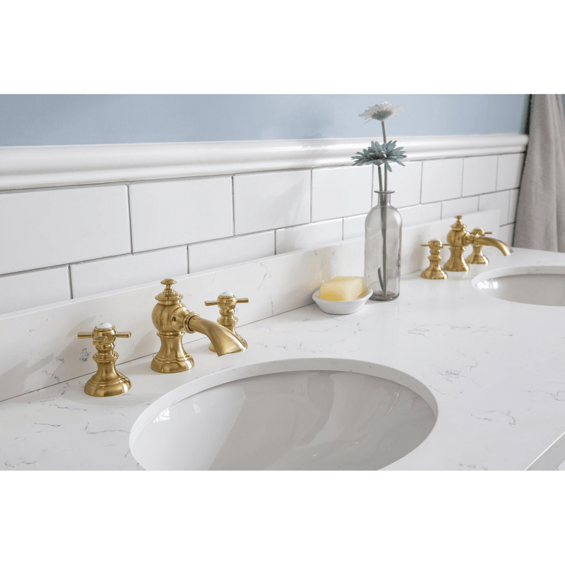 Water Creation 60" Palace Collection Quartz Carrara Pure White Bathroom Vanity Set with Hardware and F2-0013 Faucets in Satin Gold Finish and Only Mirrors in Chrome Finish PA60C-0613PW - Model Bath