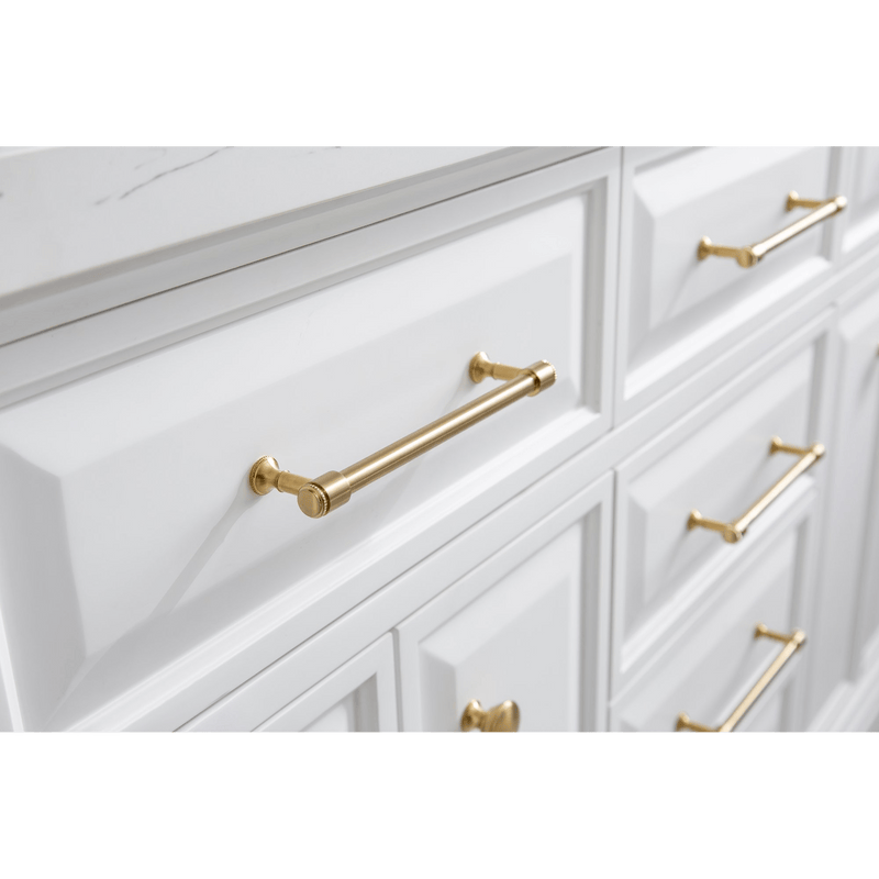 Water Creation 60" Palace Collection Quartz Carrara Pure White Bathroom Vanity Set with Hardware and F2-0013 Faucets in Satin Gold Finish and Only Mirrors in Chrome Finish PA60C-0613PW - Model Bath