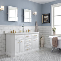 Water Creation 60" Palace Collection Quartz Carrara Pure White Bathroom Vanity Set with Hardware and F2-0013 Faucets in Satin Gold Finish and Only Mirrors in Chrome Finish PA60D-0613PW - Model Bath
