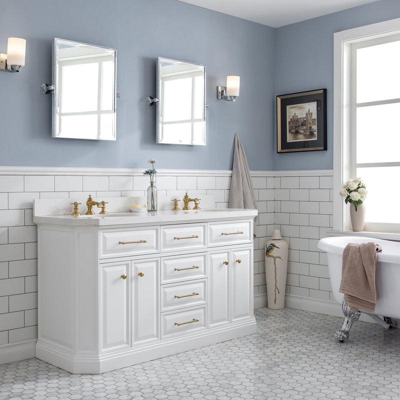 Water Creation 60" Palace Collection Quartz Carrara Pure White Bathroom Vanity Set with Hardware and F2-0013 Faucets in Satin Gold Finish and Only Mirrors in Chrome Finish PA60D-0613PW - Model Bath