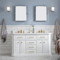 Water Creation 60" Palace Collection Quartz Carrara Pure White Bathroom Vanity Set with Hardware and F2-0013 Faucets in Satin Gold Finish and Only Mirrors in Chrome Finish PA60C-0613PW - Model Bath