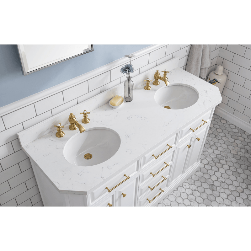 Water Creation 60" Palace Collection Quartz Carrara Pure White Bathroom Vanity Set with Hardware and F2-0013 Faucets in Satin Gold Finish and Only Mirrors in Chrome Finish PA60C-0613PW - Model Bath