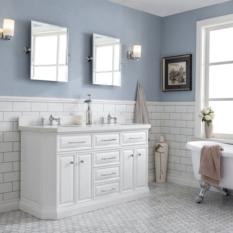 Water Creation 60" Palace Collection Quartz Carrara Pure White Bathroom Vanity Set with Hardware and F2-0013 Faucets, Mirror in Chrome Finish PA60D-0113PW - Model Bath
