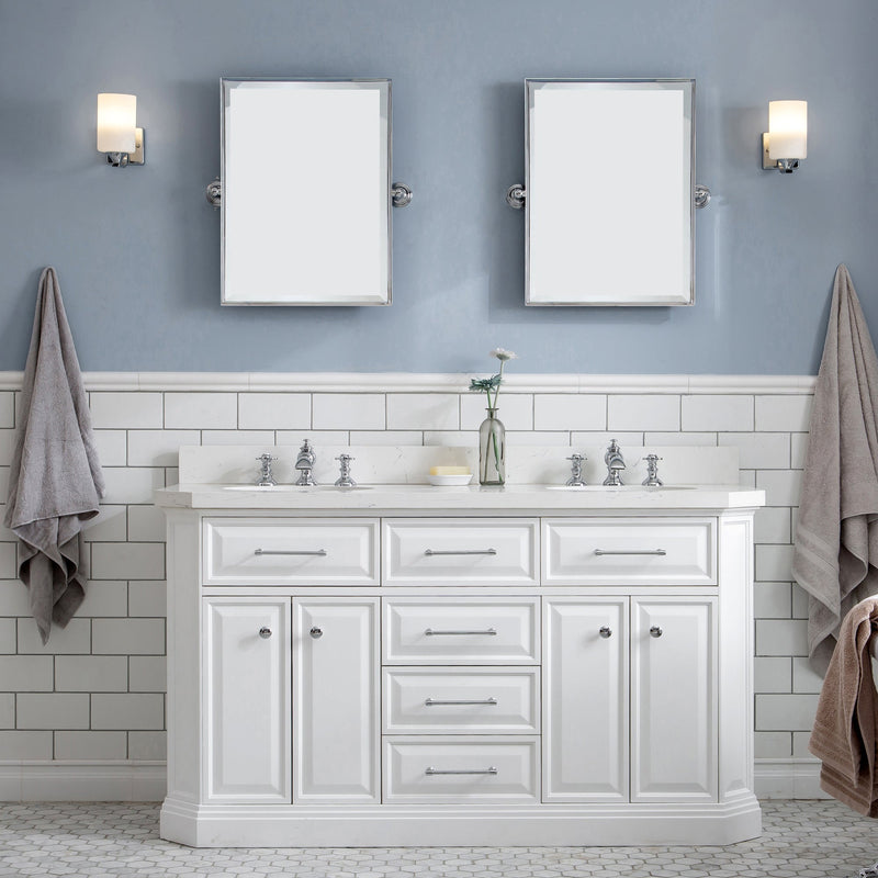 Water Creation 60" Palace Collection Quartz Carrara Pure White Bathroom Vanity Set with Hardware and F2-0013 Faucets, Mirror in Chrome Finish PA60D-0113PW - Model Bath