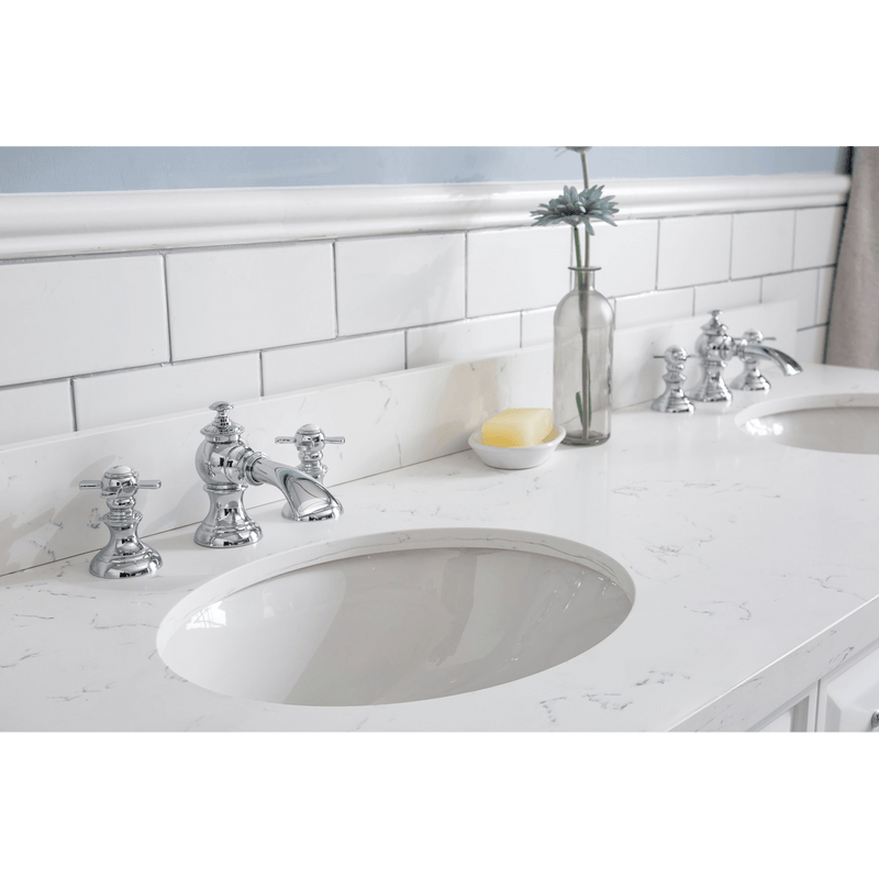 Water Creation 60" Palace Collection Quartz Carrara Pure White Bathroom Vanity Set with Hardware and F2-0013 Faucets, Mirror in Chrome Finish PA60D-0113PW - Model Bath