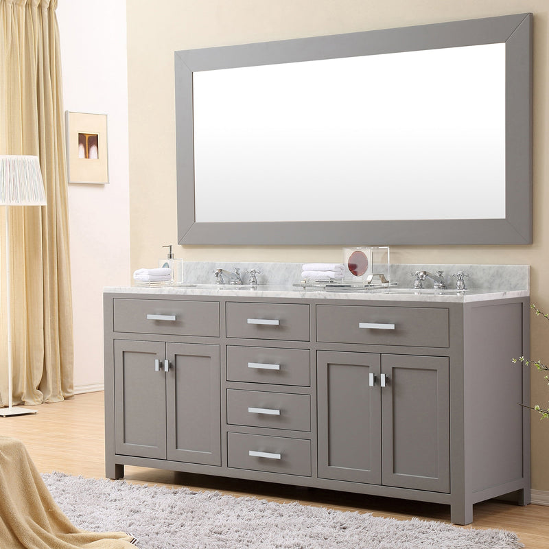 Water Creation 72" Cashmere Grey Double Sink Bathroom Vanity with Matching Framed Mirror and Faucet From The Madison Collection MADISON72GBF - Model Bath