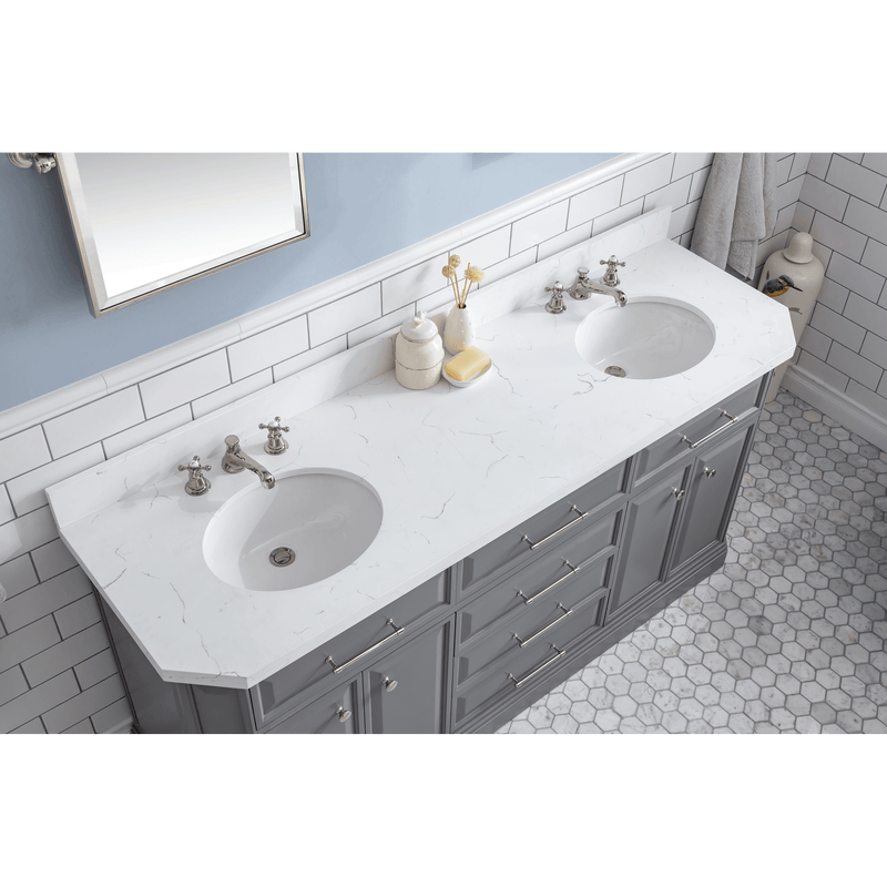 Water Creation 72" Palace Collection Quartz Carrara Cashmere Grey Bathroom Vanity Set with Hardware and F2-0009 Faucets in Polished Nickel (PVD) Finish PA72C-0509CG - Model Bath
