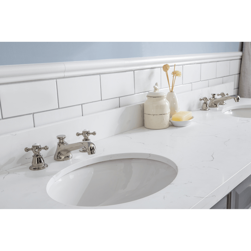 Water Creation 72" Palace Collection Quartz Carrara Cashmere Grey Bathroom Vanity Set with Hardware and F2-0009 Faucets in Polished Nickel (PVD) Finish PA72C-0509CG - Model Bath