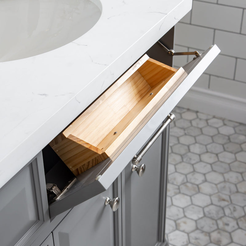 Water Creation 72" Palace Collection Quartz Carrara Cashmere Grey Bathroom Vanity Set with Hardware and F2-0009 Faucets in Polished Nickel (PVD) Finish PA72C-0509CG - Model Bath