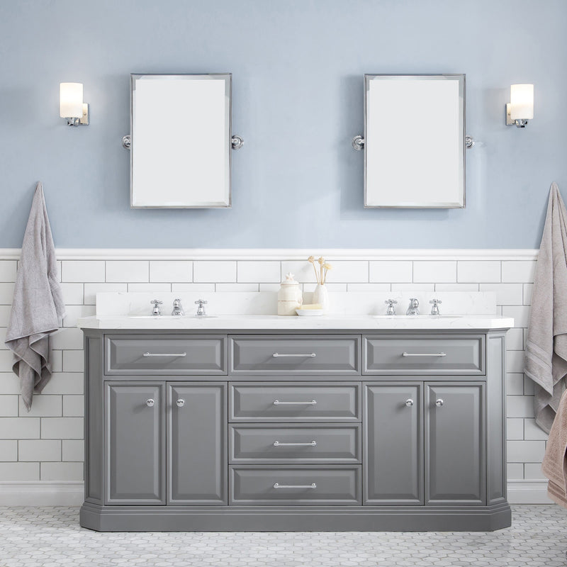 Water Creation 72" Palace Collection Quartz Carrara Cashmere Grey Bathroom Vanity Set with Hardware and F2-0009 Faucets, Mirror in Chrome Finish PA72D-0109CG - Model Bath