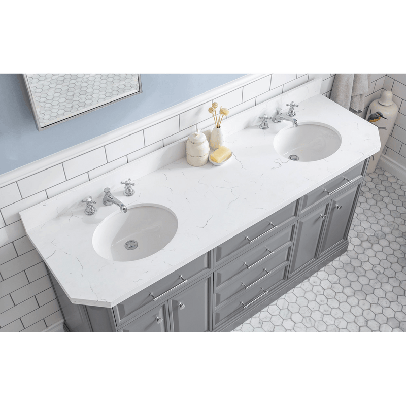 Water Creation 72" Palace Collection Quartz Carrara Cashmere Grey Bathroom Vanity Set with Hardware and F2-0009 Faucets, Mirror in Chrome Finish PA72D-0109CG - Model Bath