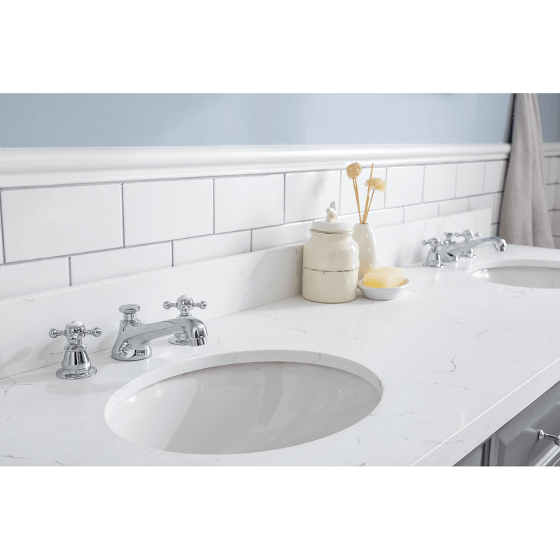 Water Creation 72" Palace Collection Quartz Carrara Cashmere Grey Bathroom Vanity Set with Hardware and F2-0009 Faucets, Mirror in Chrome Finish PA72D-0109CG - Model Bath