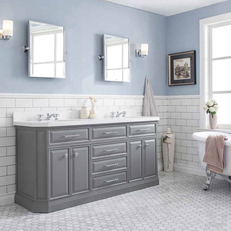 Water Creation 72" Palace Collection Quartz Carrara Cashmere Grey Bathroom Vanity Set with Hardware and F2-0009 Faucets, Mirror in Chrome Finish PA72D-0109CG - Model Bath