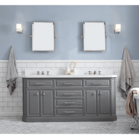 Water Creation 72" Palace Collection Quartz Carrara Cashmere Grey Bathroom Vanity Set with Hardware and F2-0009 Faucets, Mirror in Polished Nickel (PVD) Finish PA72D-0509CG - Model Bath