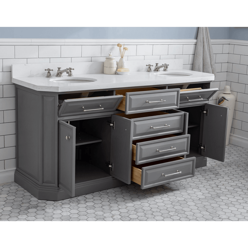 Water Creation 72" Palace Collection Quartz Carrara Cashmere Grey Bathroom Vanity Set with Hardware and F2-0009 Faucets, Mirror in Polished Nickel (PVD) Finish PA72D-0509CG - Model Bath