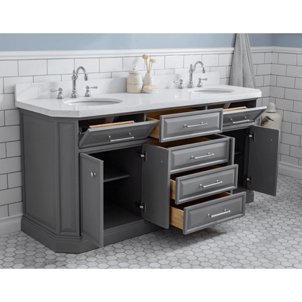 Water Creation 72" Palace Collection Quartz Carrara Cashmere Grey Bathroom Vanity Set with Hardware and F2-0012 Faucets in Chrome Finish PA72C-0112CG - Model Bath