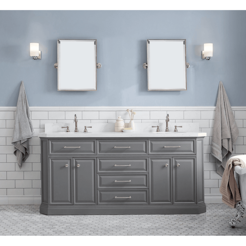 Water Creation 72" Palace Collection Quartz Carrara Cashmere Grey Bathroom Vanity Set with Hardware and F2-0012 Faucets in Polished Nickel (PVD) Finish PA72C-0512CG - Model Bath