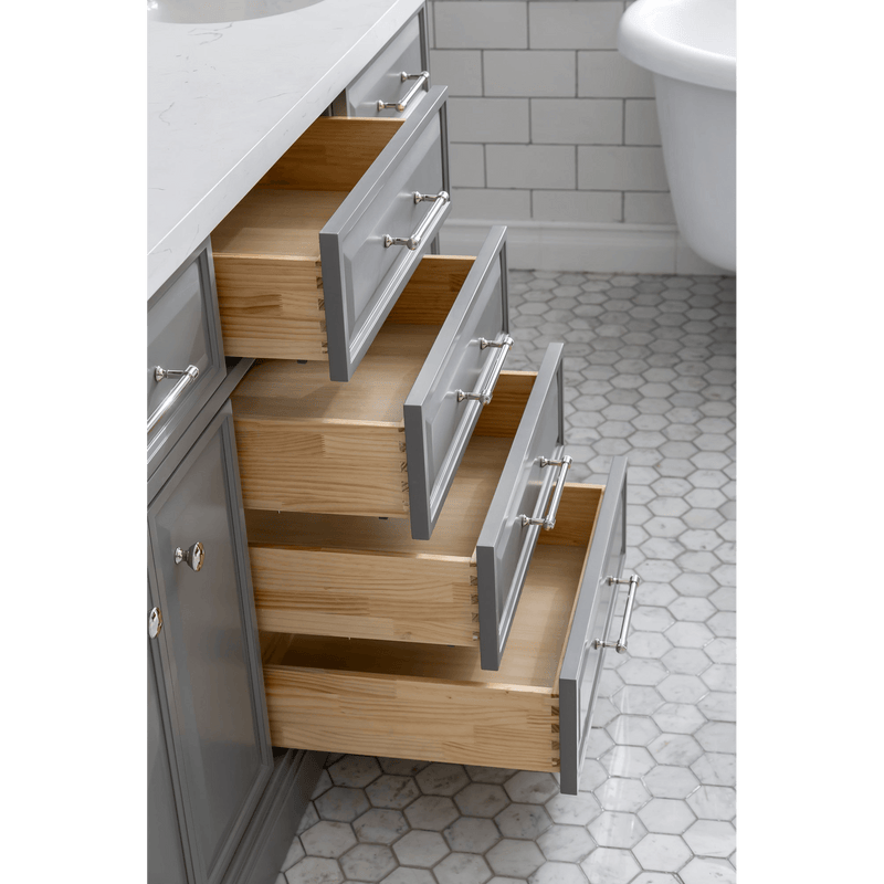 Water Creation 72" Palace Collection Quartz Carrara Cashmere Grey Bathroom Vanity Set with Hardware and F2-0012 Faucets in Polished Nickel (PVD) Finish PA72C-0512CG - Model Bath