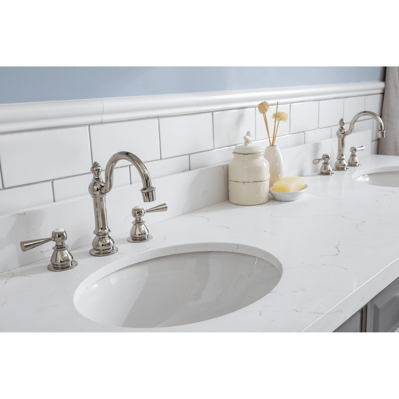 Water Creation 72" Palace Collection Quartz Carrara Cashmere Grey Bathroom Vanity Set with Hardware and F2-0012 Faucets in Polished Nickel (PVD) Finish PA72C-0512CG - Model Bath