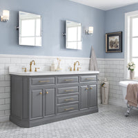 Water Creation 72" Palace Collection Quartz Carrara Cashmere Grey Bathroom Vanity Set with Hardware and F2-0012 Faucets in Satin Gold Finish and Only Mirrors in Chrome Finish PA72D-0612CG - Model Bath