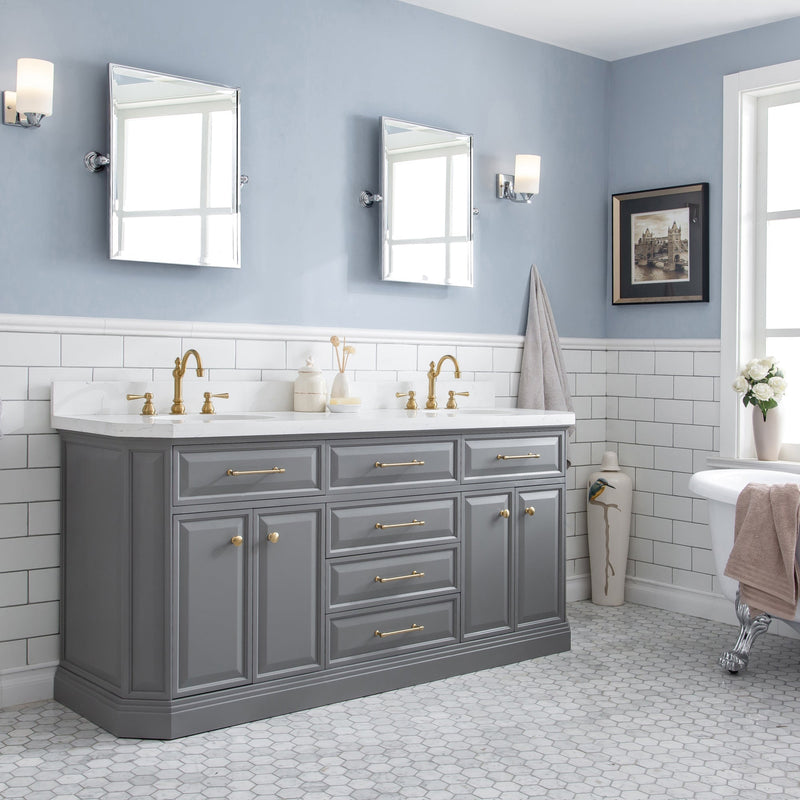 Water Creation 72" Palace Collection Quartz Carrara Cashmere Grey Bathroom Vanity Set with Hardware and F2-0012 Faucets in Satin Gold Finish and Only Mirrors in Chrome Finish PA72D-0612CG - Model Bath