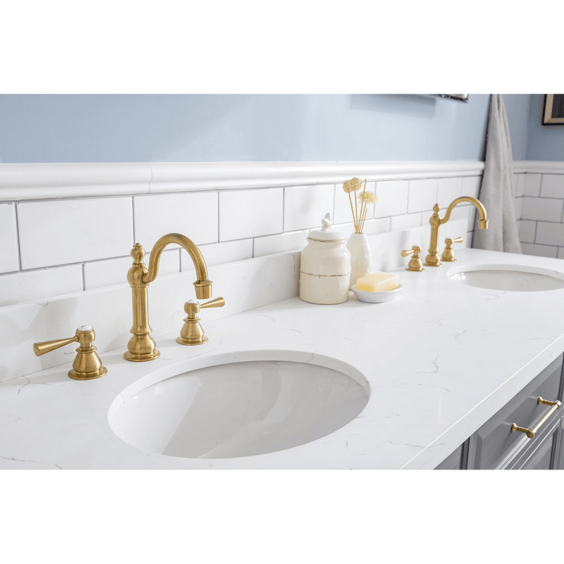 Water Creation 72" Palace Collection Quartz Carrara Cashmere Grey Bathroom Vanity Set with Hardware and F2-0012 Faucets in Satin Gold Finish and Only Mirrors in Chrome Finish PA72C-0612CG - Model Bath