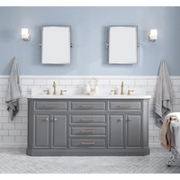 Water Creation 72" Palace Collection Quartz Carrara Cashmere Grey Bathroom Vanity Set with Hardware and F2-0012 Faucets in Satin Gold Finish and Only Mirrors in Chrome Finish PA72D-0612CG - Model Bath