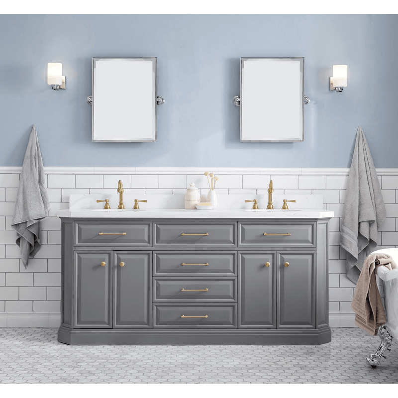 Water Creation 72" Palace Collection Quartz Carrara Cashmere Grey Bathroom Vanity Set with Hardware and F2-0012 Faucets in Satin Gold Finish and Only Mirrors in Chrome Finish PA72D-0612CG - Model Bath