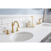 Water Creation 72" Palace Collection Quartz Carrara Cashmere Grey Bathroom Vanity Set with Hardware and F2-0012 Faucets in Satin Gold Finish and Only Mirrors in Chrome Finish PA72D-0612CG - Model Bath