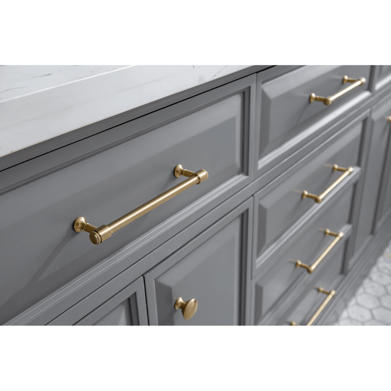 Water Creation 72" Palace Collection Quartz Carrara Cashmere Grey Bathroom Vanity Set with Hardware and F2-0012 Faucets in Satin Gold Finish and Only Mirrors in Chrome Finish PA72C-0612CG - Model Bath