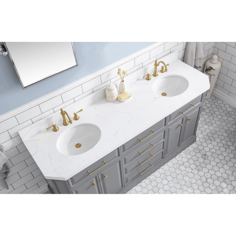 Water Creation 72" Palace Collection Quartz Carrara Cashmere Grey Bathroom Vanity Set with Hardware and F2-0012 Faucets in Satin Gold Finish and Only Mirrors in Chrome Finish PA72D-0612CG - Model Bath