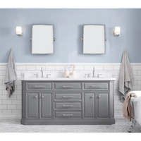 Water Creation 72" Palace Collection Quartz Carrara Cashmere Grey Bathroom Vanity Set with Hardware and F2-0012 Faucets, Mirror in Chrome Finish PA72D-0112CG - Model Bath