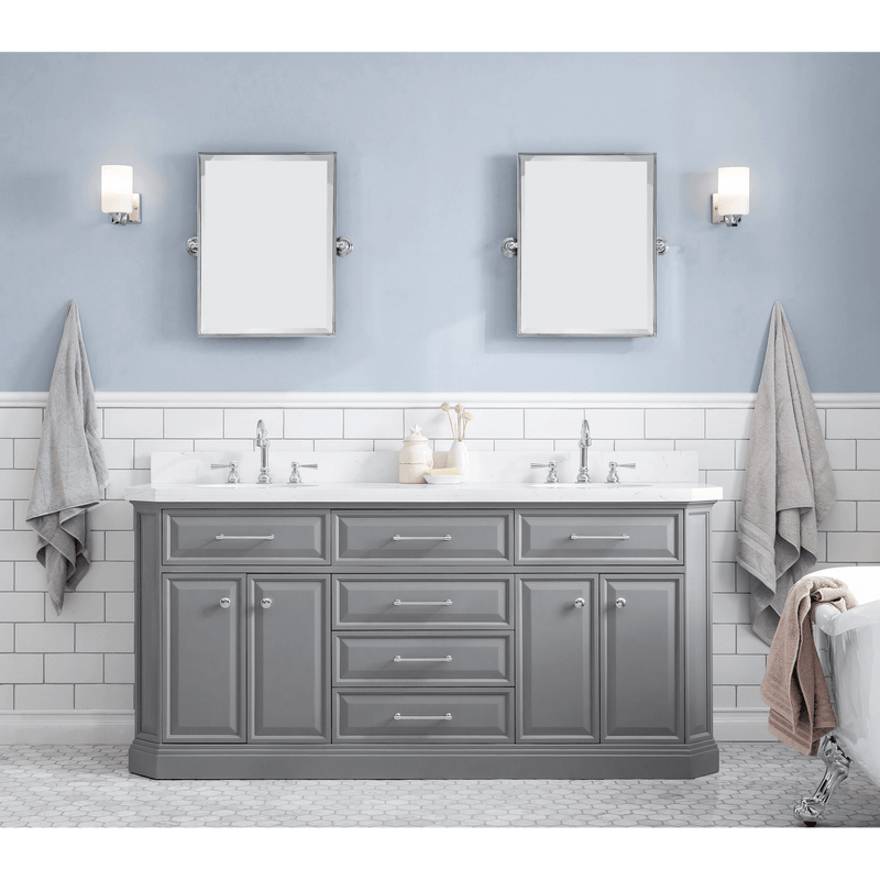 Water Creation 72" Palace Collection Quartz Carrara Cashmere Grey Bathroom Vanity Set with Hardware and F2-0012 Faucets, Mirror in Chrome Finish PA72D-0112CG - Model Bath