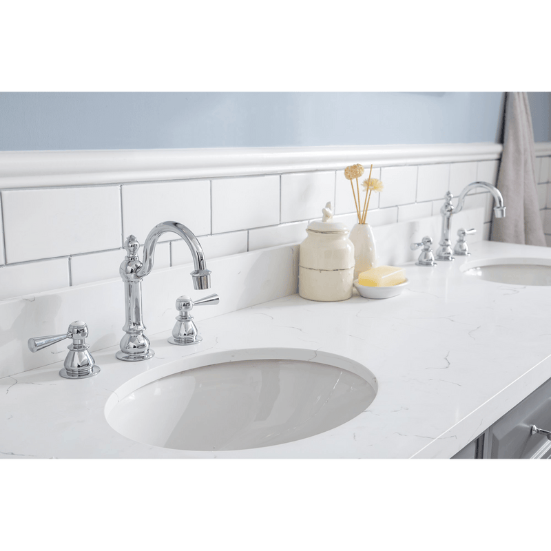 Water Creation 72" Palace Collection Quartz Carrara Cashmere Grey Bathroom Vanity Set with Hardware and F2-0012 Faucets, Mirror in Chrome Finish PA72D-0112CG - Model Bath