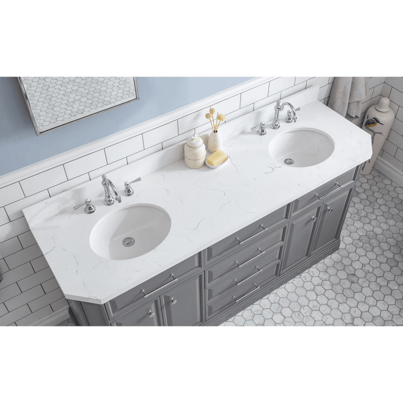 Water Creation 72" Palace Collection Quartz Carrara Cashmere Grey Bathroom Vanity Set with Hardware and F2-0012 Faucets, Mirror in Chrome Finish PA72D-0112CG - Model Bath