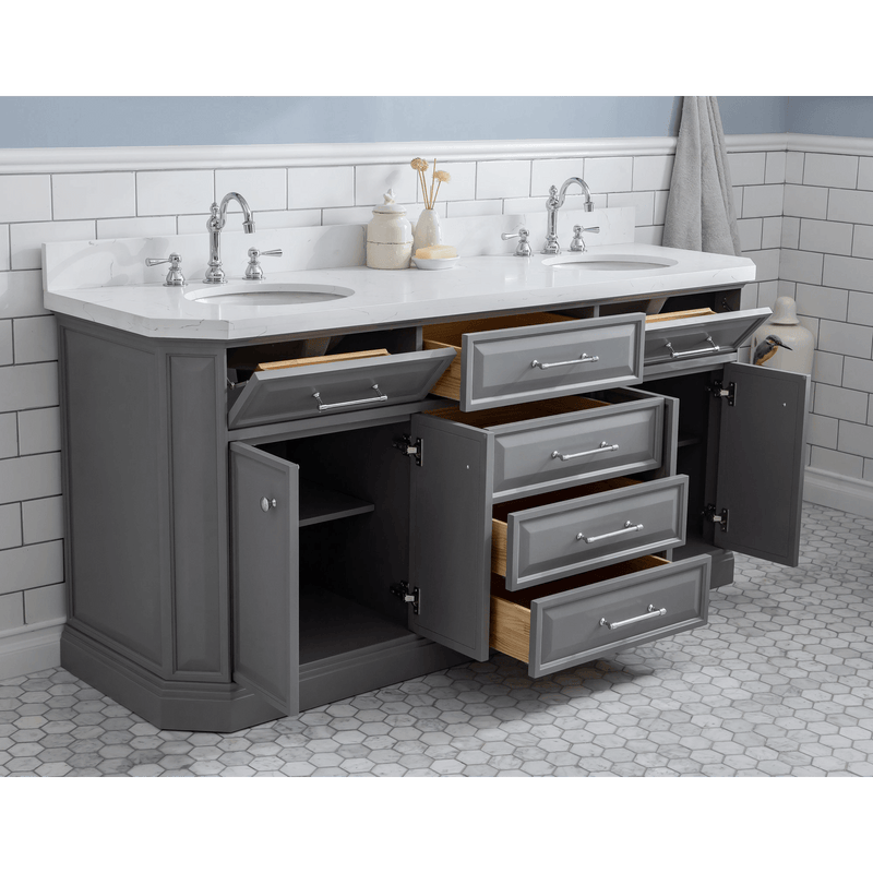 Water Creation 72" Palace Collection Quartz Carrara Cashmere Grey Bathroom Vanity Set with Hardware and F2-0012 Faucets, Mirror in Chrome Finish PA72D-0112CG - Model Bath
