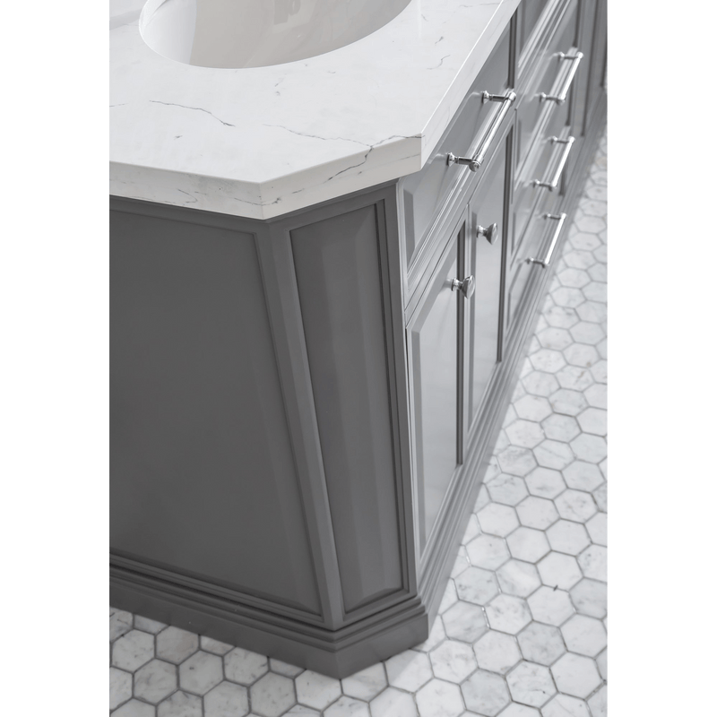 Water Creation 72" Palace Collection Quartz Carrara Cashmere Grey Bathroom Vanity Set with Hardware and F2-0012 Faucets, Mirror in Chrome Finish PA72D-0112CG - Model Bath