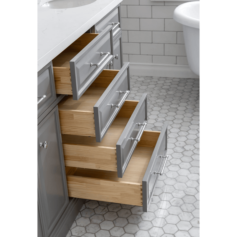 Water Creation 72" Palace Collection Quartz Carrara Cashmere Grey Bathroom Vanity Set with Hardware and F2-0012 Faucets, Mirror in Chrome Finish PA72D-0112CG - Model Bath