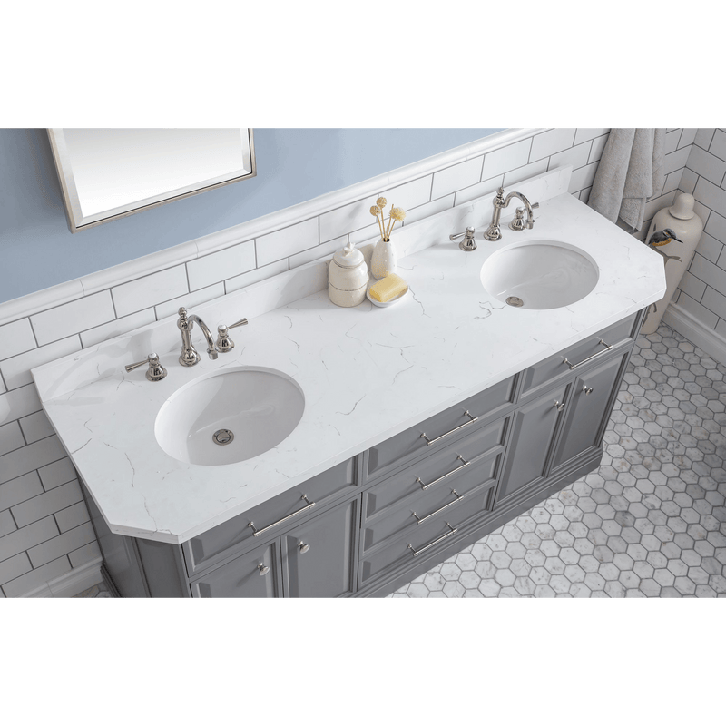 Water Creation 72" Palace Collection Quartz Carrara Cashmere Grey Bathroom Vanity Set with Hardware and F2-0012 Faucets, Mirror in Polished Nickel (PVD) Finish PA72D-0512CG - Model Bath