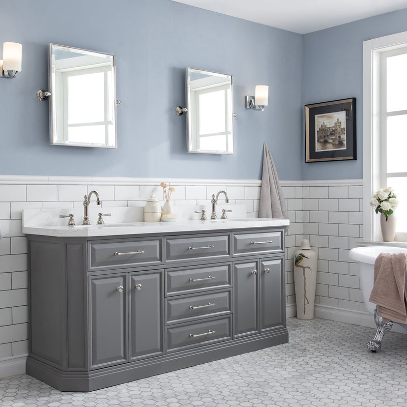 Water Creation 72" Palace Collection Quartz Carrara Cashmere Grey Bathroom Vanity Set with Hardware and F2-0012 Faucets, Mirror in Polished Nickel (PVD) Finish PA72D-0512CG - Model Bath