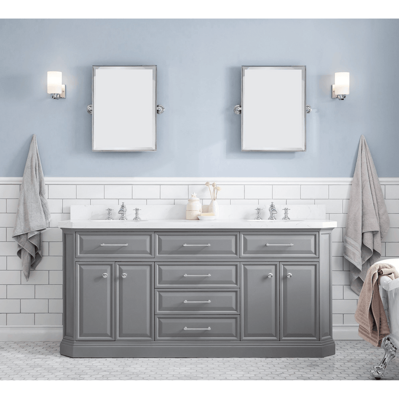 Water Creation 72" Palace Collection Quartz Carrara Cashmere Grey Bathroom Vanity Set with Hardware and F2-0013 Faucets in Chrome Finish PA72C-0113CG - Model Bath