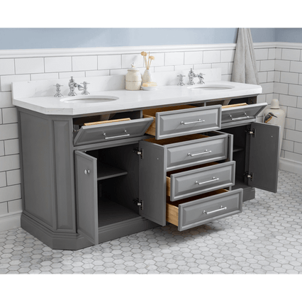 Water Creation 72" Palace Collection Quartz Carrara Cashmere Grey Bathroom Vanity Set with Hardware and F2-0013 Faucets in Chrome Finish PA72C-0113CG - Model Bath