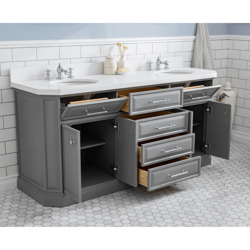 Water Creation 72" Palace Collection Quartz Carrara Cashmere Grey Bathroom Vanity Set with Hardware and F2-0013 Faucets in Chrome Finish PA72C-0113CG - Model Bath