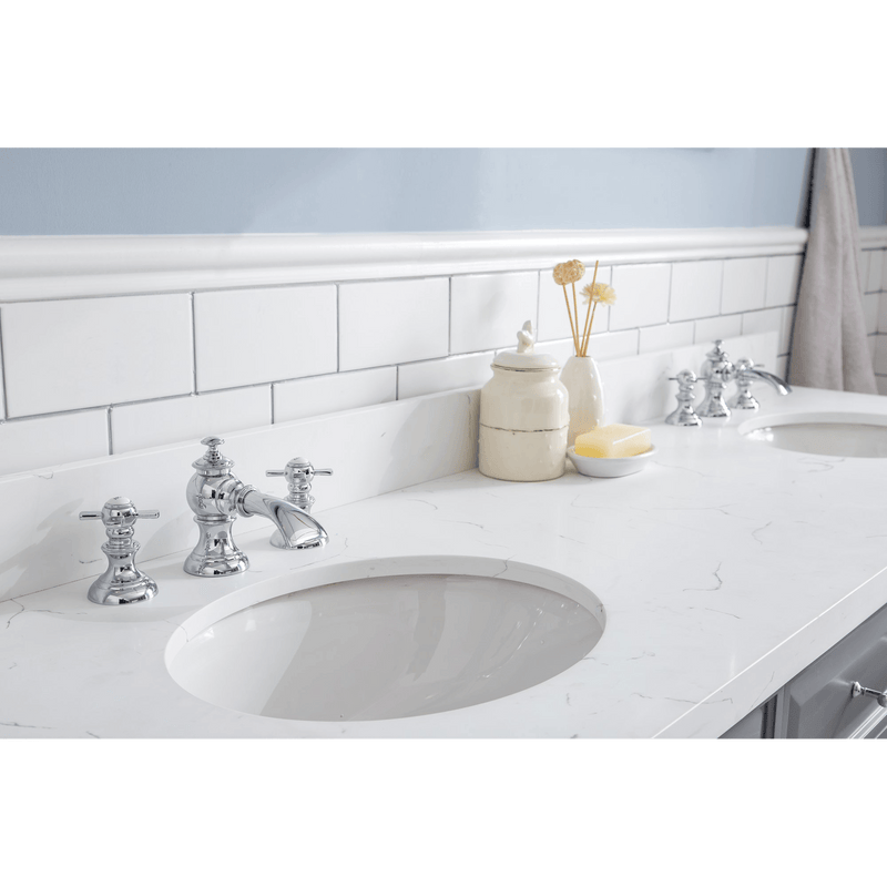 Water Creation 72" Palace Collection Quartz Carrara Cashmere Grey Bathroom Vanity Set with Hardware and F2-0013 Faucets in Chrome Finish PA72C-0113CG - Model Bath