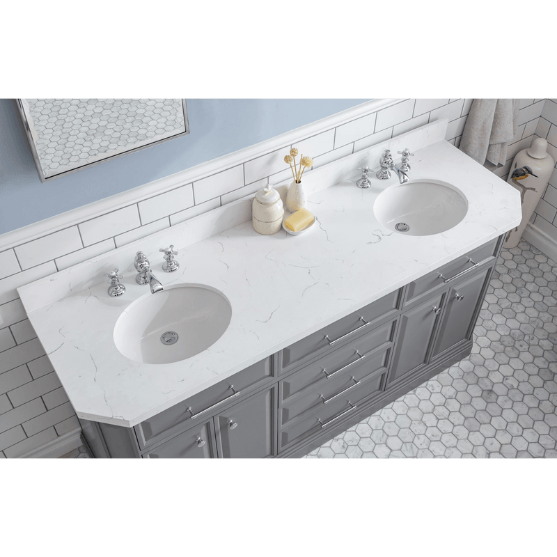 Water Creation 72" Palace Collection Quartz Carrara Cashmere Grey Bathroom Vanity Set with Hardware and F2-0013 Faucets in Chrome Finish PA72C-0113CG - Model Bath