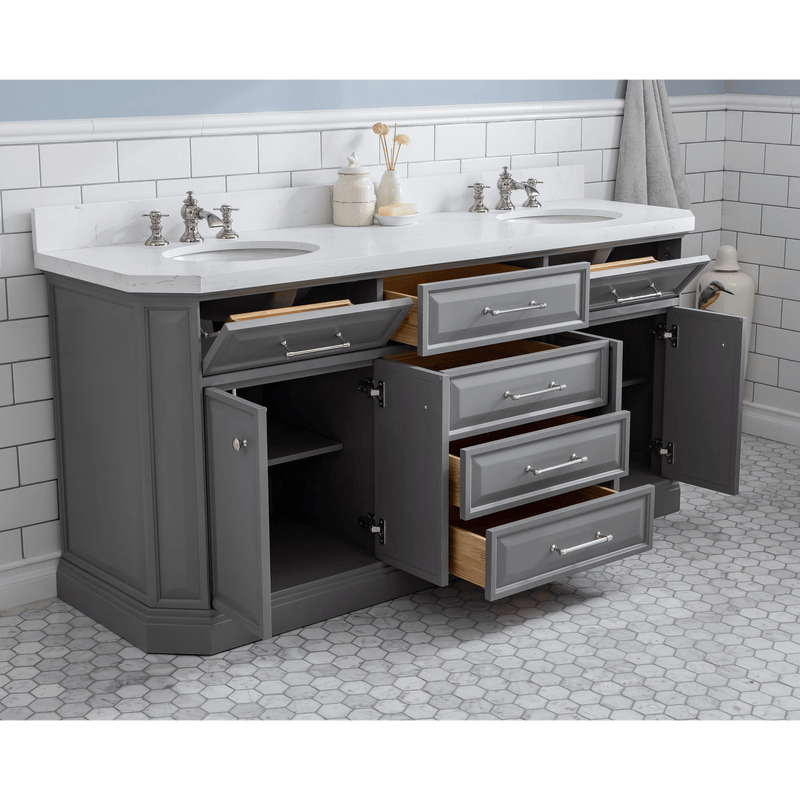 Water Creation 72" Palace Collection Quartz Carrara Cashmere Grey Bathroom Vanity Set with Hardware and F2-0013 Faucets in Polished Nickel (PVD) Finish PA72C-0513CG - Model Bath