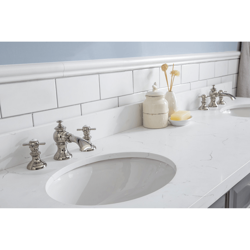 Water Creation 72" Palace Collection Quartz Carrara Cashmere Grey Bathroom Vanity Set with Hardware and F2-0013 Faucets in Polished Nickel (PVD) Finish PA72C-0513CG - Model Bath